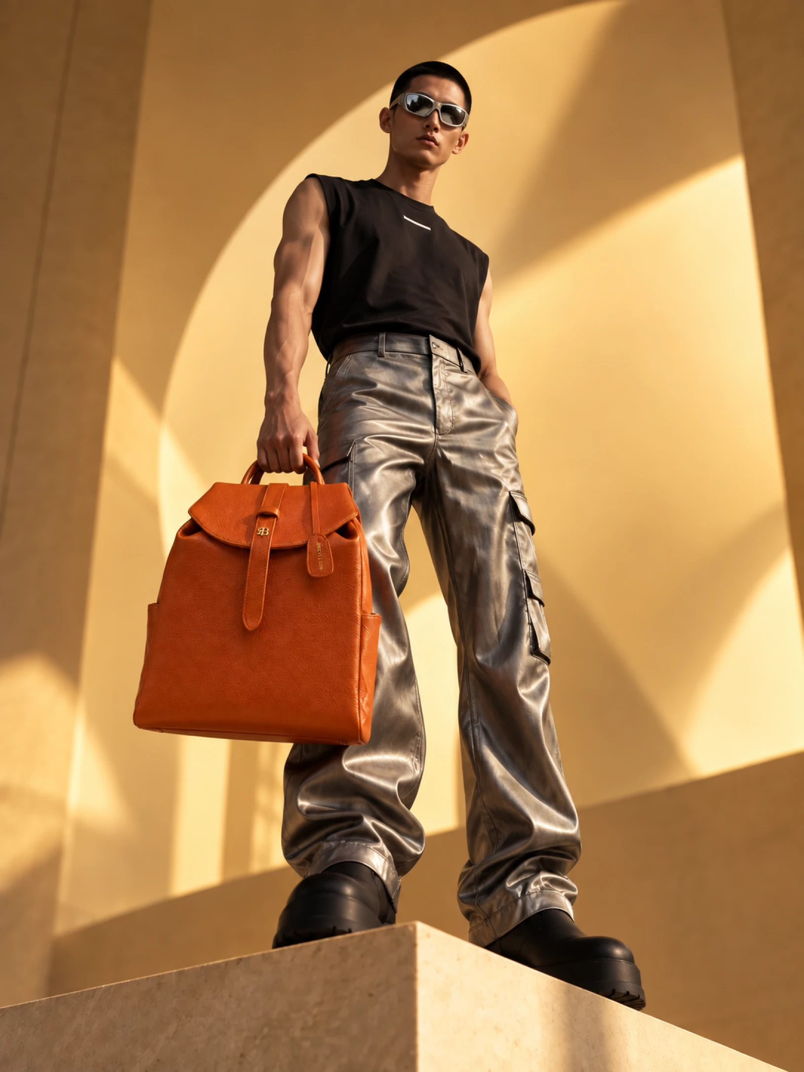 Orange backpack displayed in a gallery